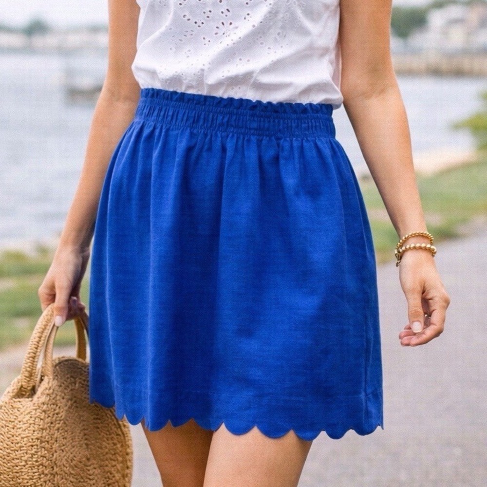 J.Crew Scalloped Hem Linen Cotton Skirt Cobalt Blue‎ Mini H5397 Womens 0